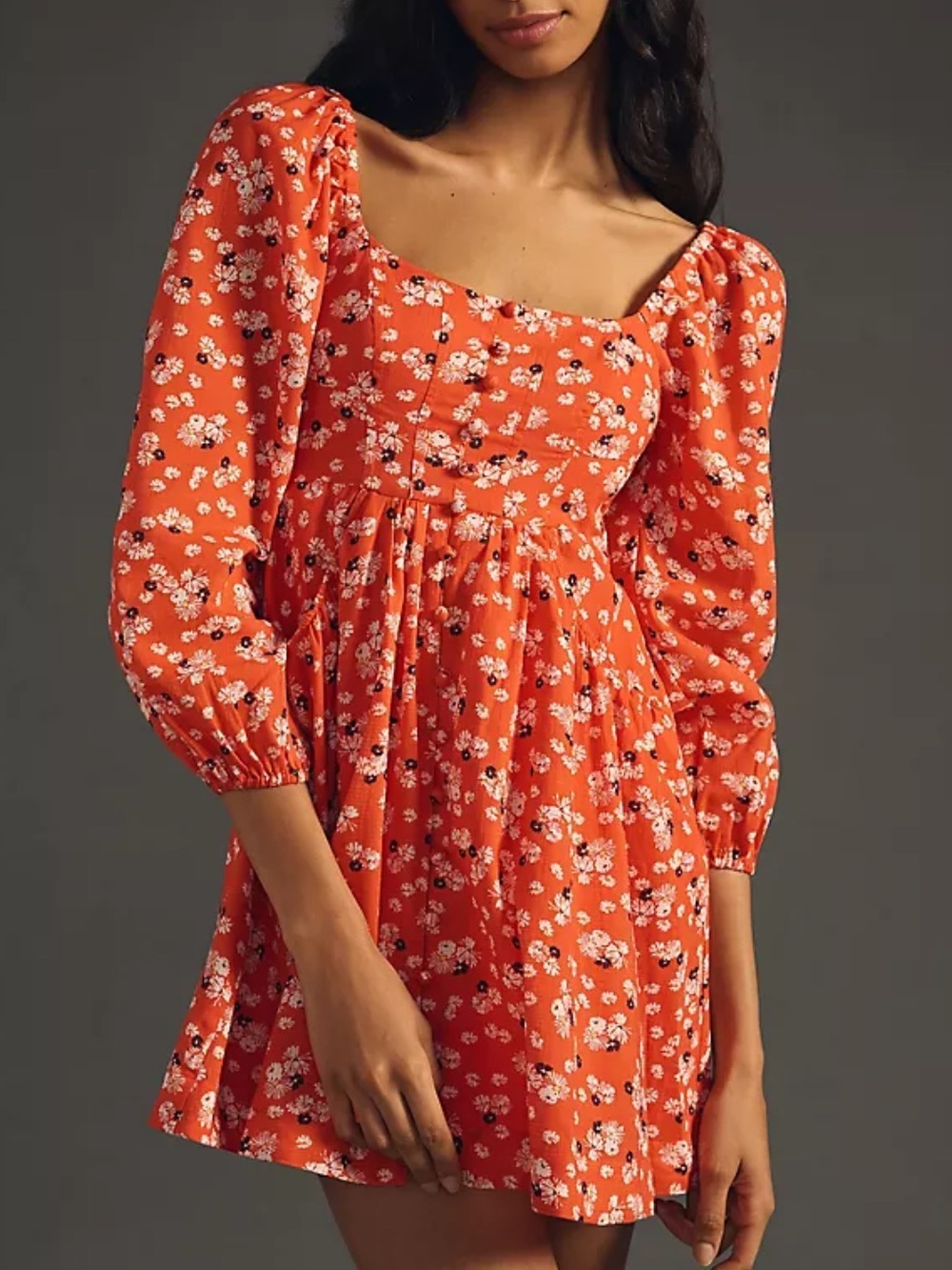 Anthropologie Orange Floral Square Neck Mini Dress Size XS Petite
